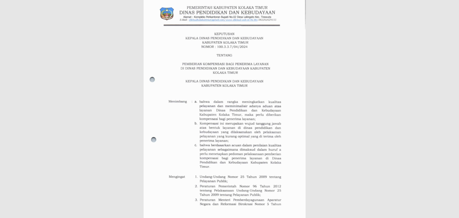 Surat Keputusan Kepala Dinas Tentang Pemberian Kompensasi Bagi Penerima Layanan